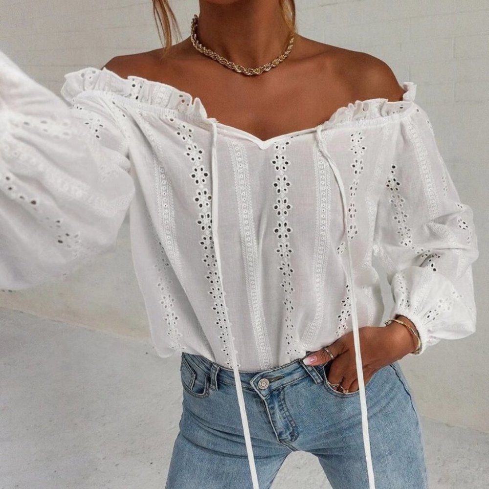 Off Shoulder Knot Front Lantern Sleeve Schiffy Blouse - Picture 5 of 6